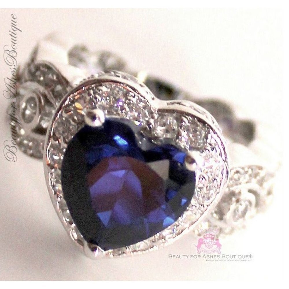 Heart for Jerusalem Deep Sapphire Blue Cz 18K White Gold Plated Cocktail Ring 8